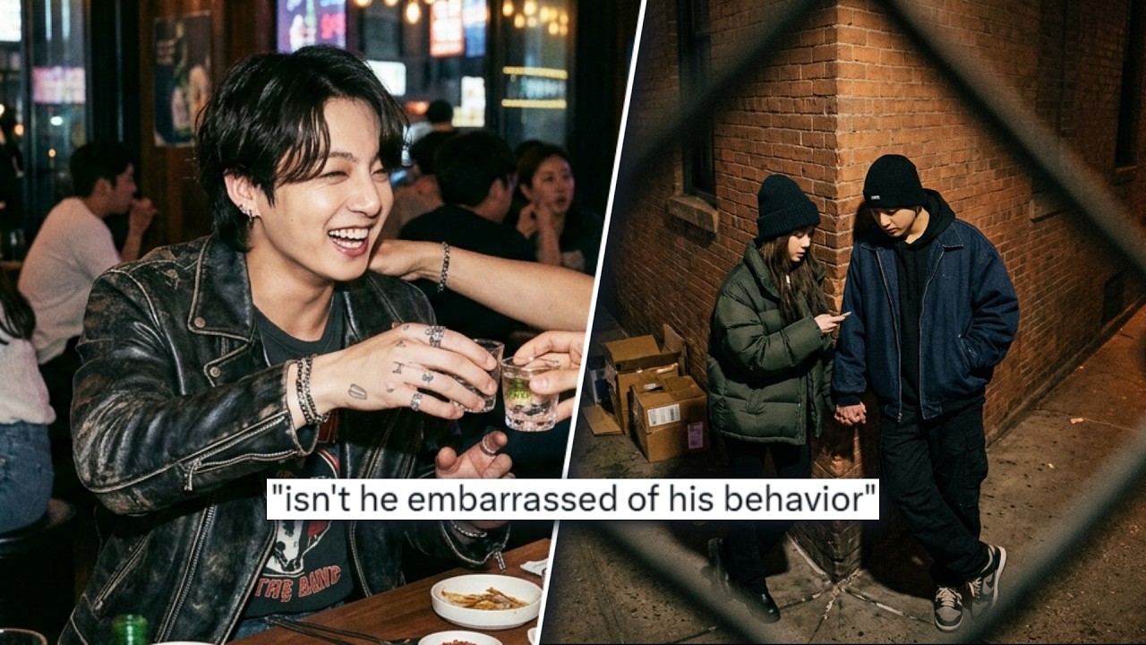 Jungkook (BTS) and Winter (aespa) with a bar background, representing recent fan rumors and online discussions.