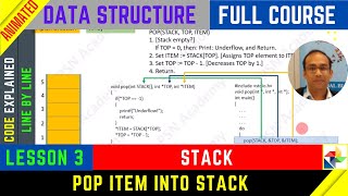 3. STACK: POP item [ANIMATED] with ALGORITHM and CODE | Data Structure Full Course