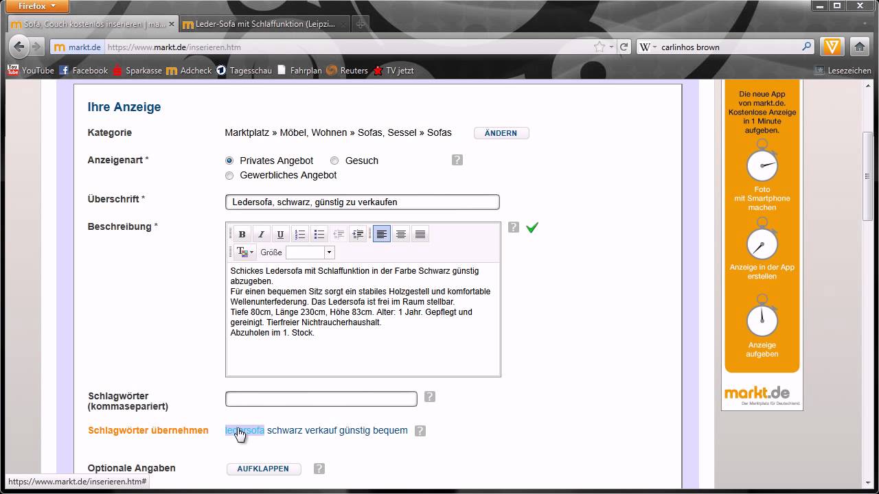 Wie gebe ich eine Kleinanzeige bei markt.de auf?