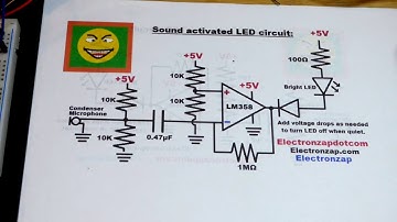 LM358 op amp condenser microphone sound activated LED electronics circuit by electronzap
