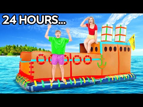 GIANT CARDBOARD BOAT CHALLENGE || 24 Hours On A Cardboard Boat by BadaBOOM!