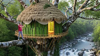 Building a Tall Tree House With Bamboo  - Make animal traps - Survive alone 4K Video