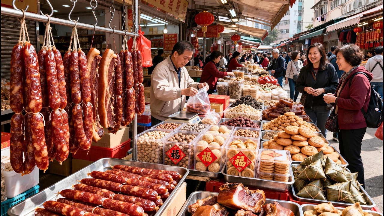 廣東廣州最大新年集市，人山人海望不到頭！臘腸臘肉堅果海鮮乾貨又便又靚，臘腸15元一斤，比手掌大的臺山大肉粽3元一個，燒肉19元一斤，堪稱性價比天花板！