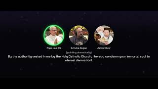 AI Joe Rogan farts on the AI Pope's bible while AI Jamie Oliver watches