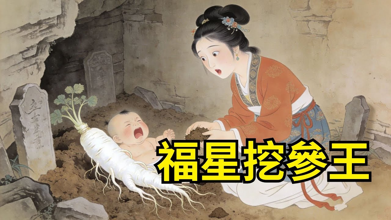 寡婦抱嬰被罵“喪門星”，躲雨躲進亂葬崗。孩兒哭鬧時抓把土塞嘴，竟挖出會動的白玉參王。參須指向她亡夫墓碑——底下八輩赤貧的祖墳，忽然長出十八棵金絲楠木。【故事便利店】