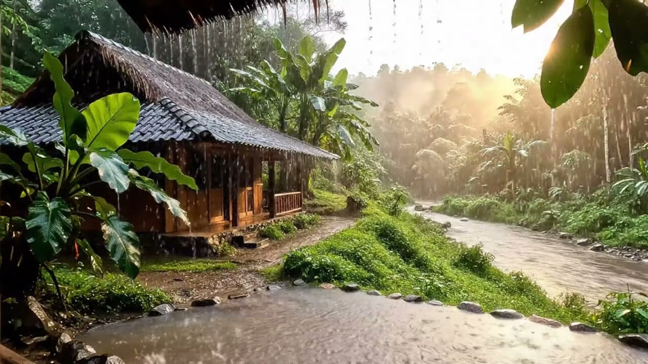 Gentle Rainy Evening Village House Outdoor Setting For Meditation Mind Peace