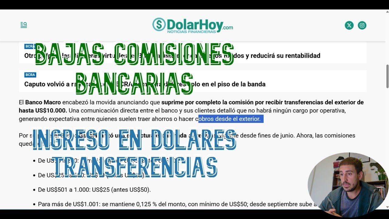 Comisiones Bancarias por recibir transferencia del exterior en dolares en Argentina 2025