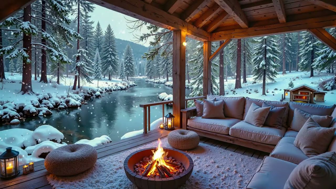 Cozy Winter Porch Ambience ❄️ Soft Piano & Crackling Fireplace Sounds for Chill & Sleep