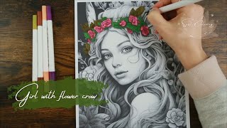 Coloring a cute girl with a flower crown  adult coloring pages | Soul Coloring #coloringbook