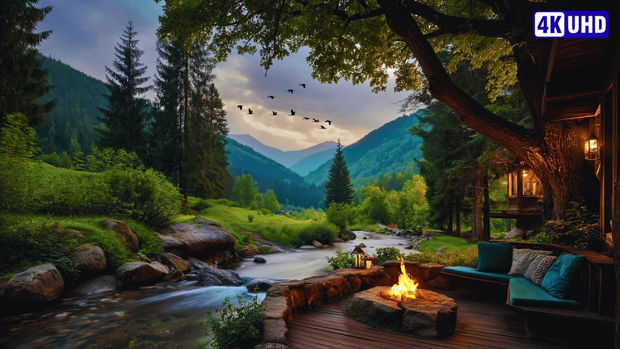 Spring Mountain Cabin Ambience 🌄🔥 | Riverside Campfire & Peaceful Nature Sounds (4K UHD)