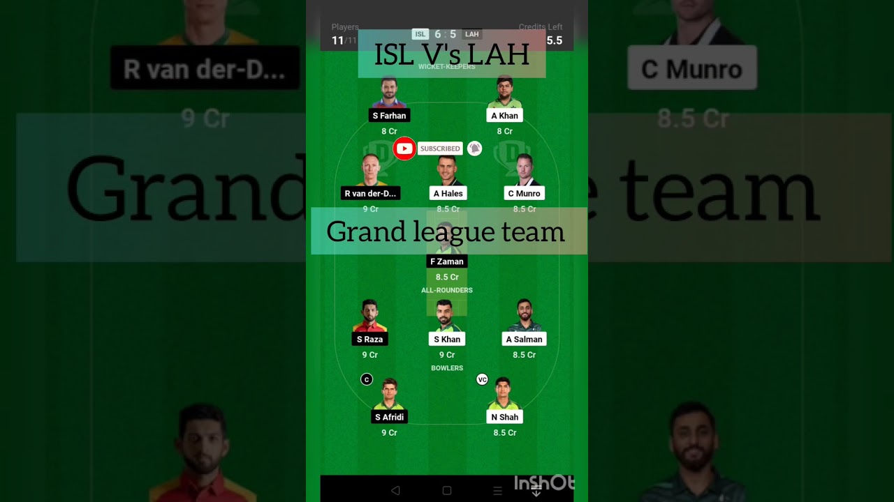 PSL dream 11 team ISL V's LAH d