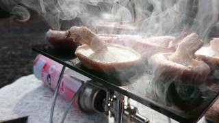 ヨコザワテッパンで焼くVol.1とりたて椎茸と厚切りハムを焼く