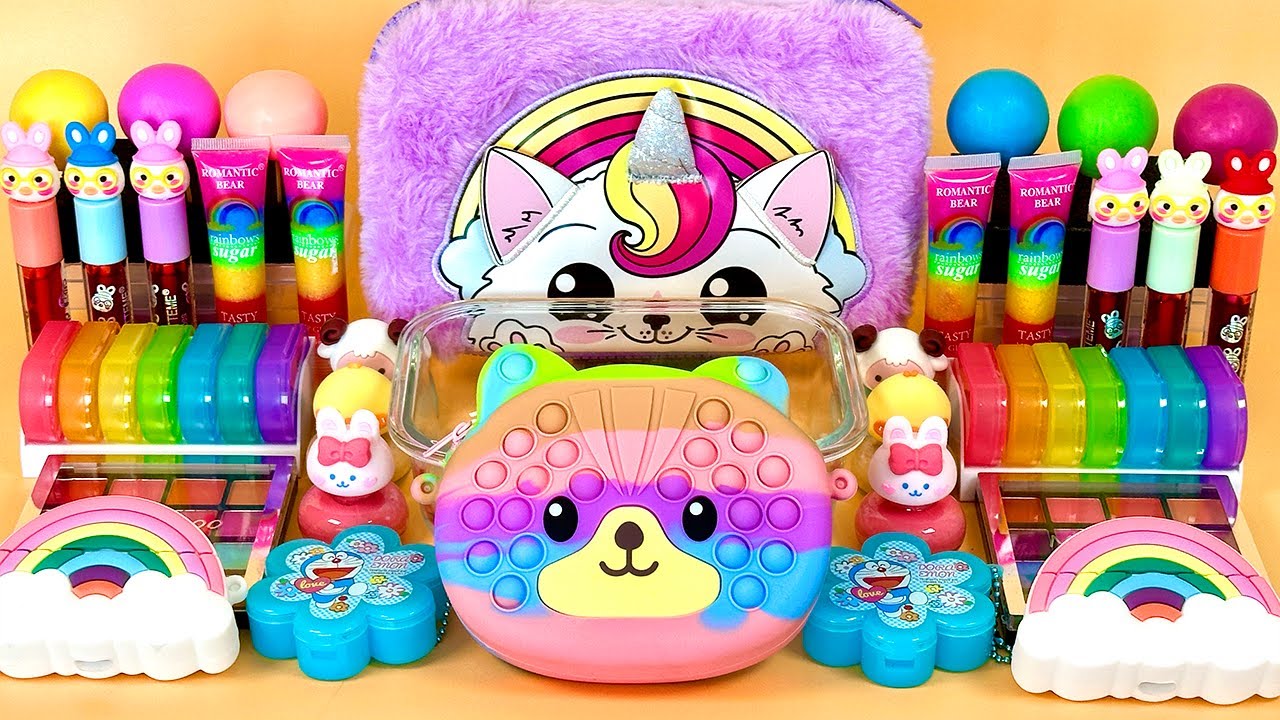 Rainbow SLIME | Clay Cracking. Mixing Makeup, Glitter and Beads into Clear Slime. | ASMR Slime.