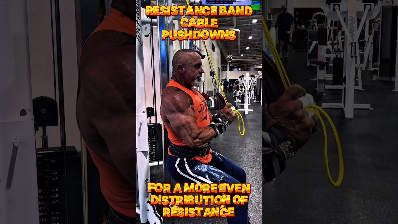 RESISTANCE BAND CABLE PUSH DOWNS FOR A MORE EVEN DISTRIBUTION OF RESISTANCE #triceps
