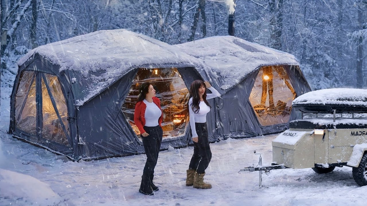 Поход в снежный кемпинг с моей лучшей подругой в двух больших роскошных надувных палатках.