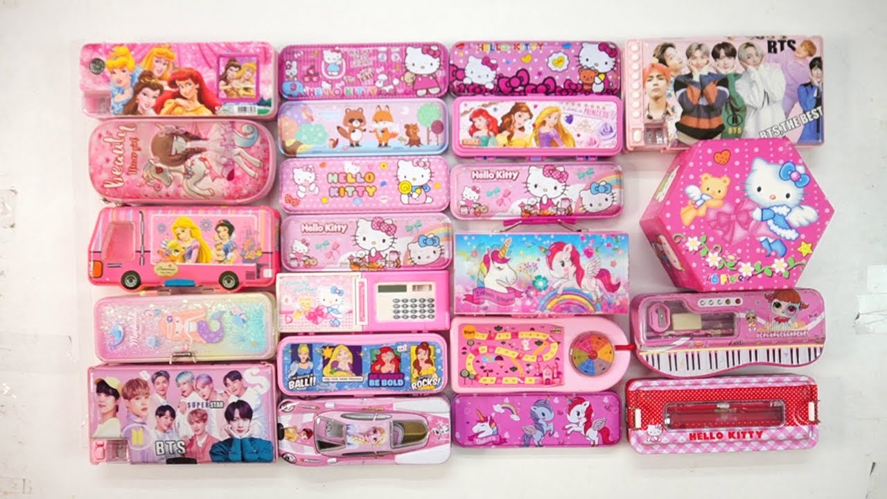unboxing unicorn pink stationery collection 😁 geometry,hello kitty,pencil box,sharpener,eraser,pouch
