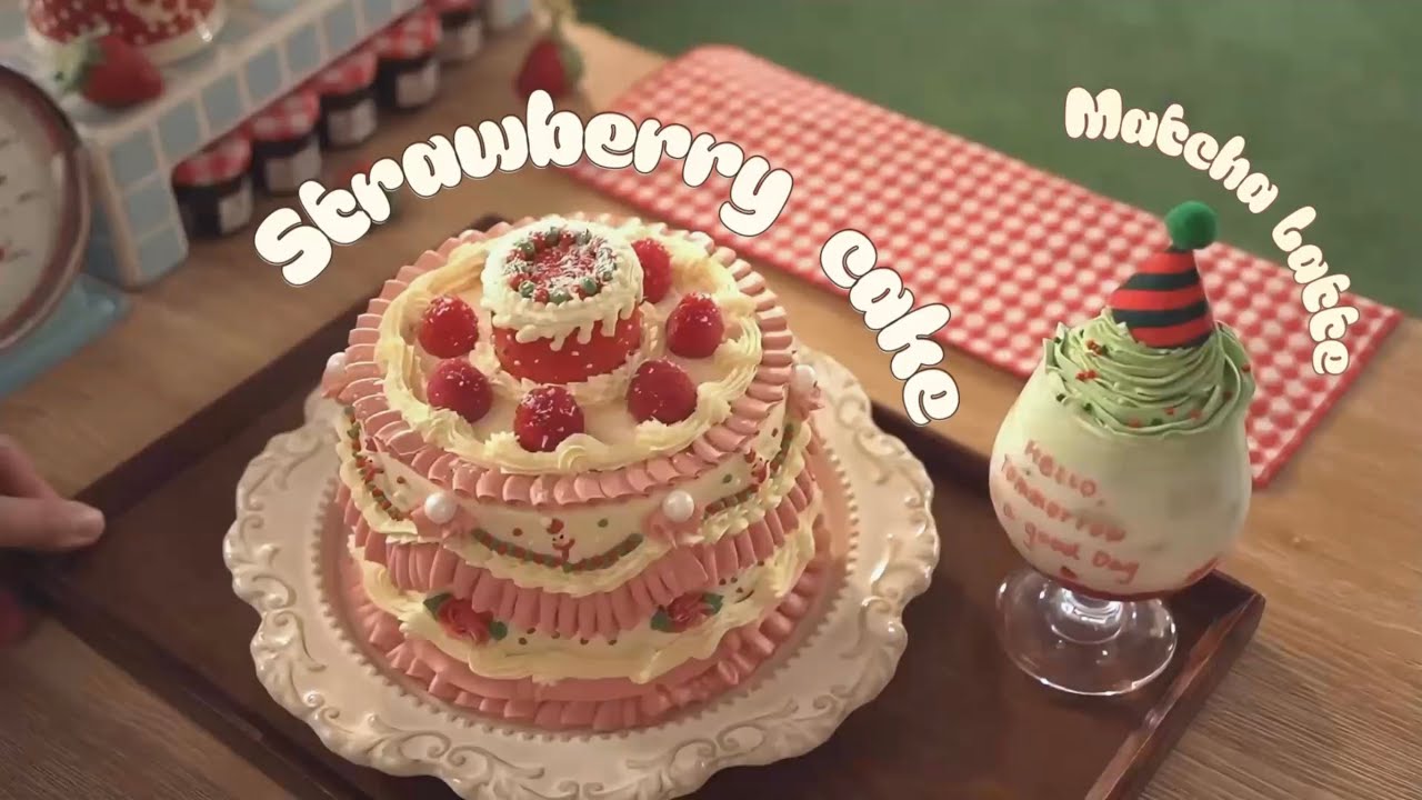 Strawberry Cake and Matcha Latte🍓🍵bake a cute cake with me | Christmas-themed | Home Cafe