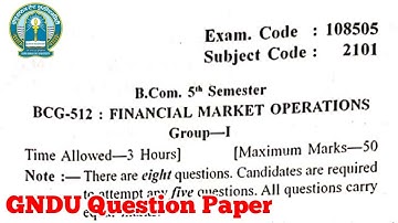 Gndu B.Com 5th Semester Financial Market Operations Question Paper || Bcom 5th Sem Paper 2020