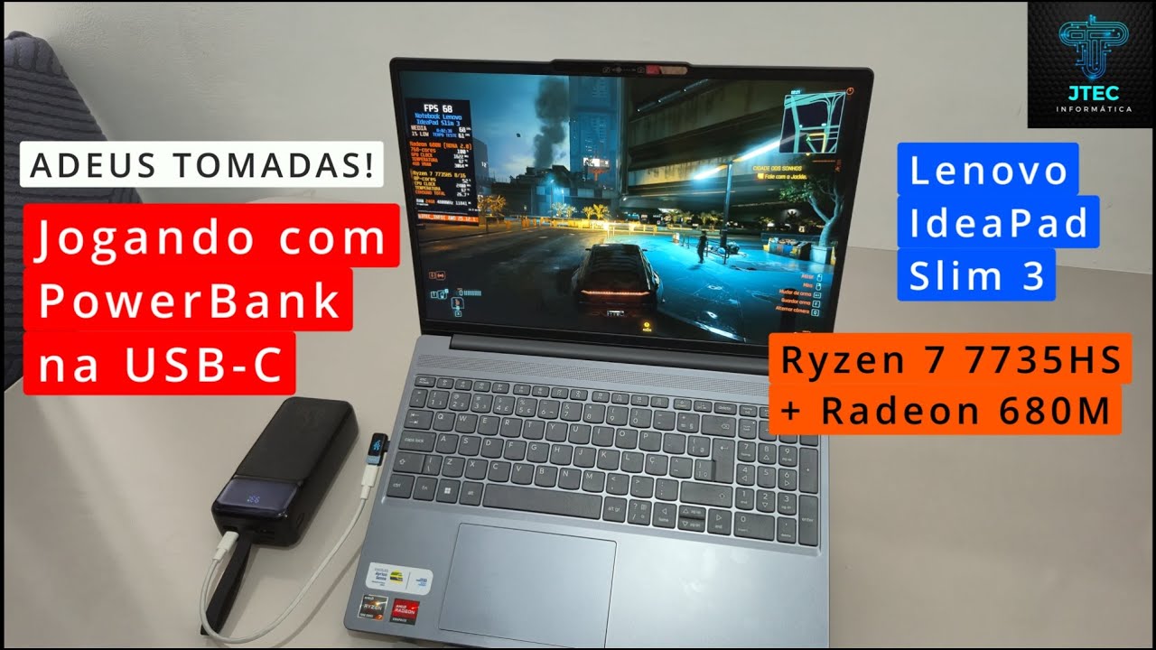 Jogando com Power Bank na USB-C / Lenovo IdeaPad Slim 3 com Ryzen 7 7735HS + Radeon 680M
