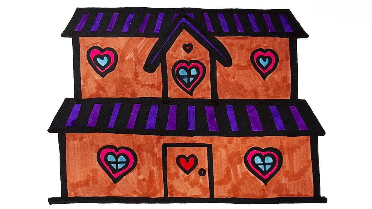 House with hearts painting 🎨 Easy painting and coloring. How to draw house 🏠