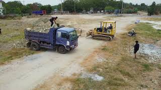 Organizing new project!Filling up stones and soil, Bulldozer KOMATSU D-31PX, Dump Truck Unloading