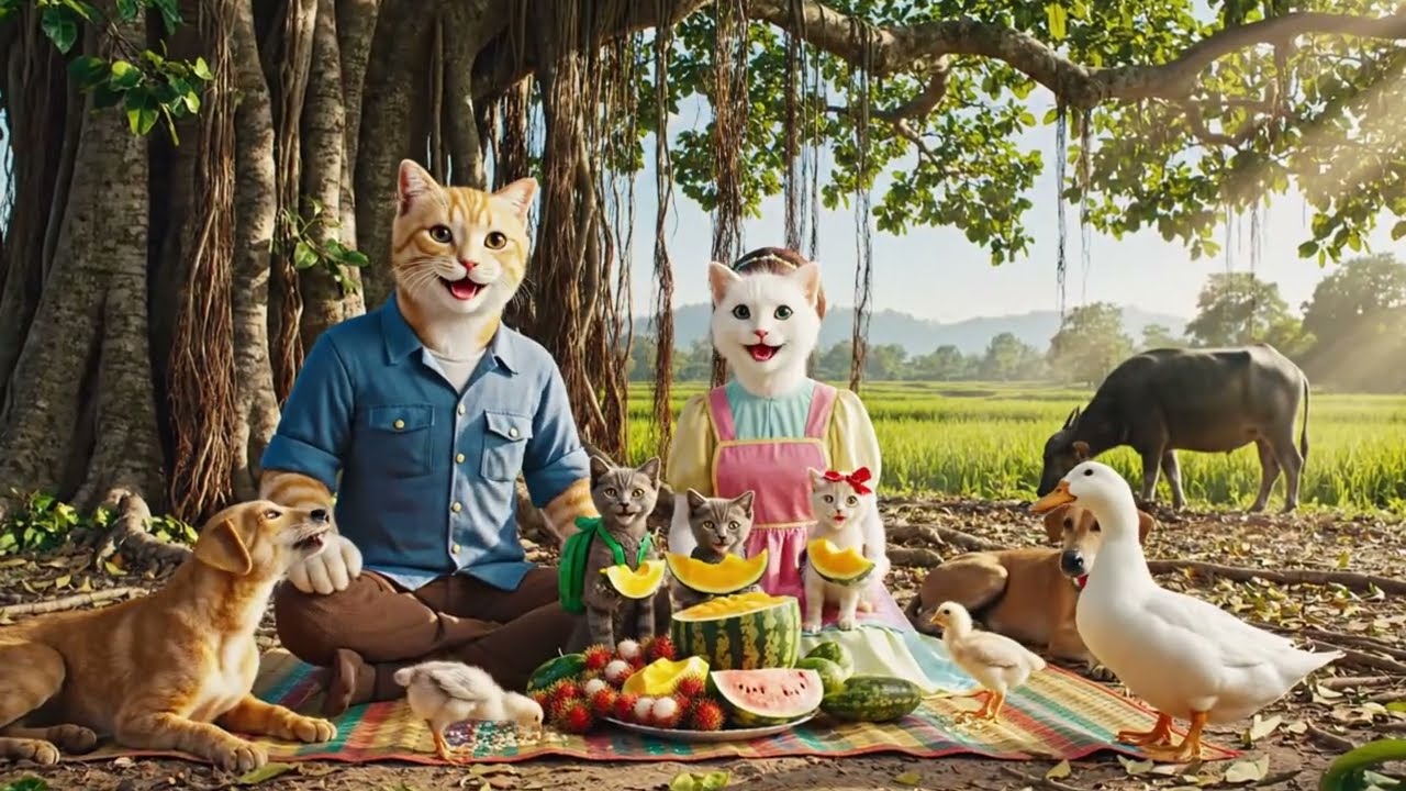 Cute Cat Family Cooking with Fresh Farm Harvests
