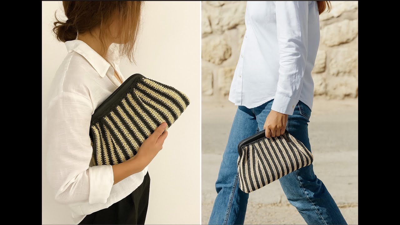 Изготовление полосатой сумки-клатча из бумажной веревки