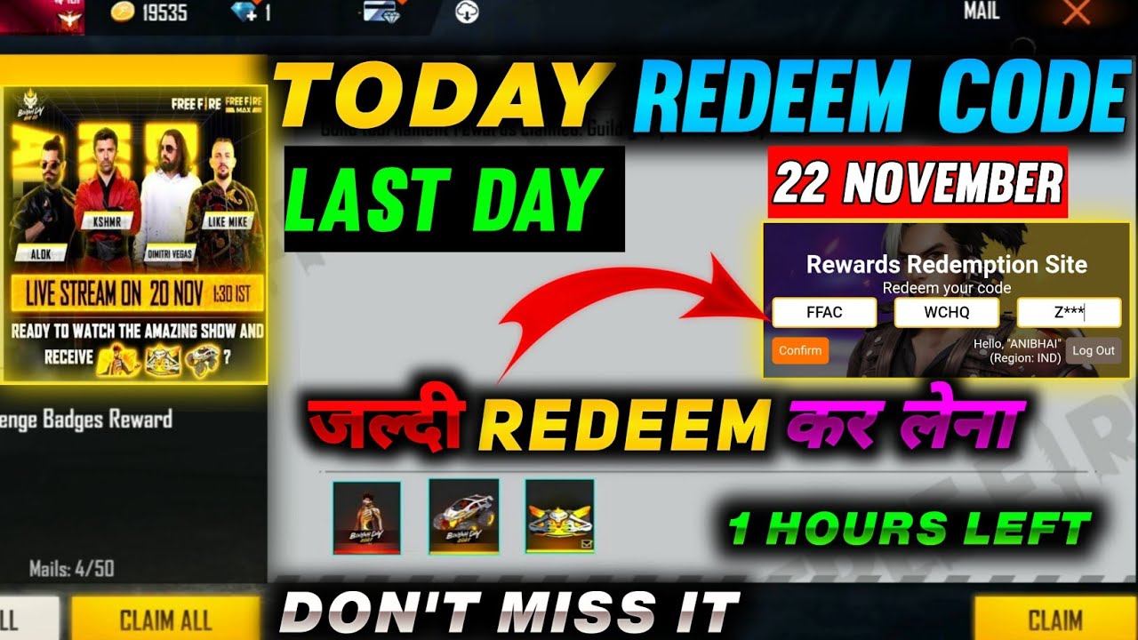 FREE FIRE REDEEM CODE FOR TODAY 22 NOVEMBER | FFAC REDEEM CODE | 22 NOVEMBER REDEEM CODE