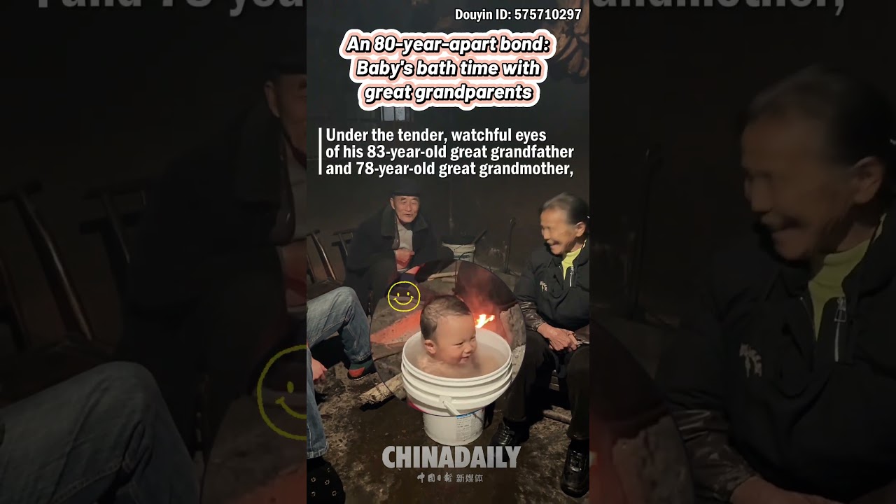 An 80-year-apart bond: Baby's bath time with great grandparents