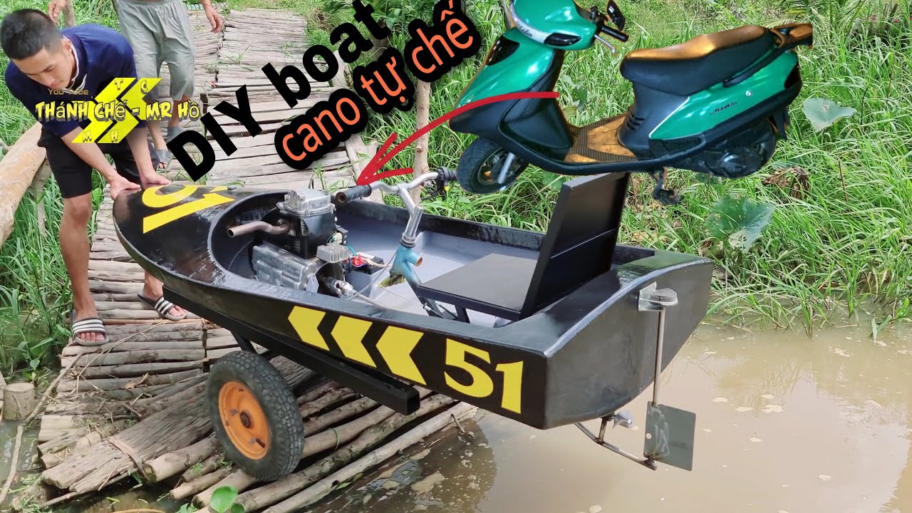Cách làm cano mini lắp động cơ xe máy .How to make a mini boat running a motorbike engine