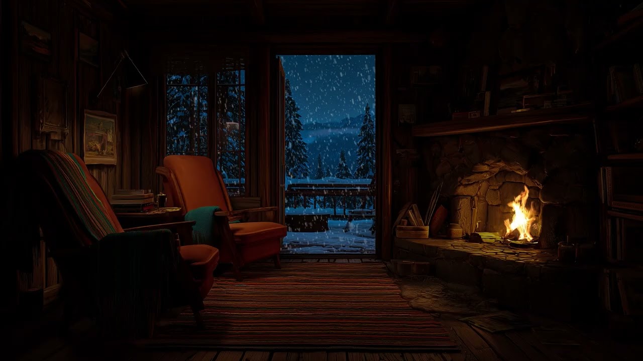 Snowy Night with Relaxing Wind & Fireplace Sounds to Study, Sleep ❄️😴Perfect Winter Ambience