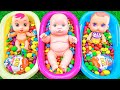 ASMR Satisfying - Rainbow Three BathTubs Mixing Glitter Candy with Magic 3 Dolls - Cutting Video