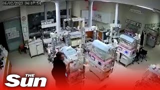 Moment nurses protect babies in Turkish hospital as quake strikes