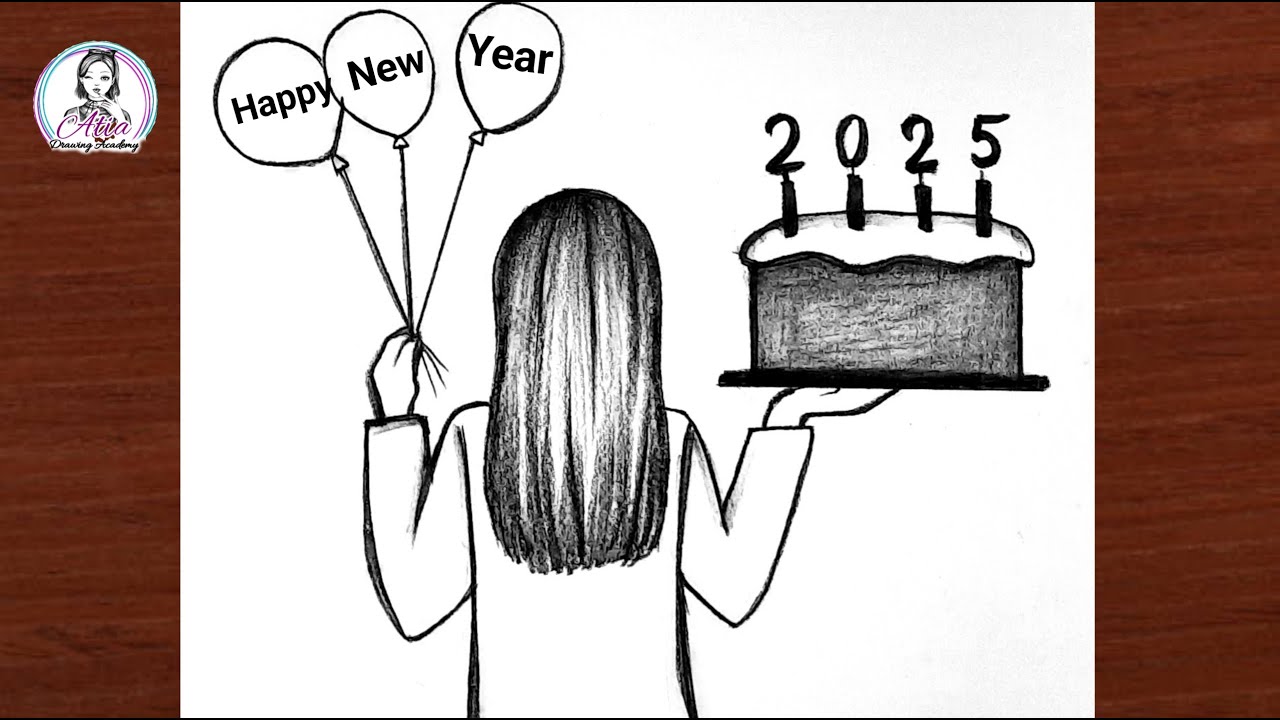 Happy New Year Drawing 2025 - Pencil Sketch | New Year 2025 Drawing ...
