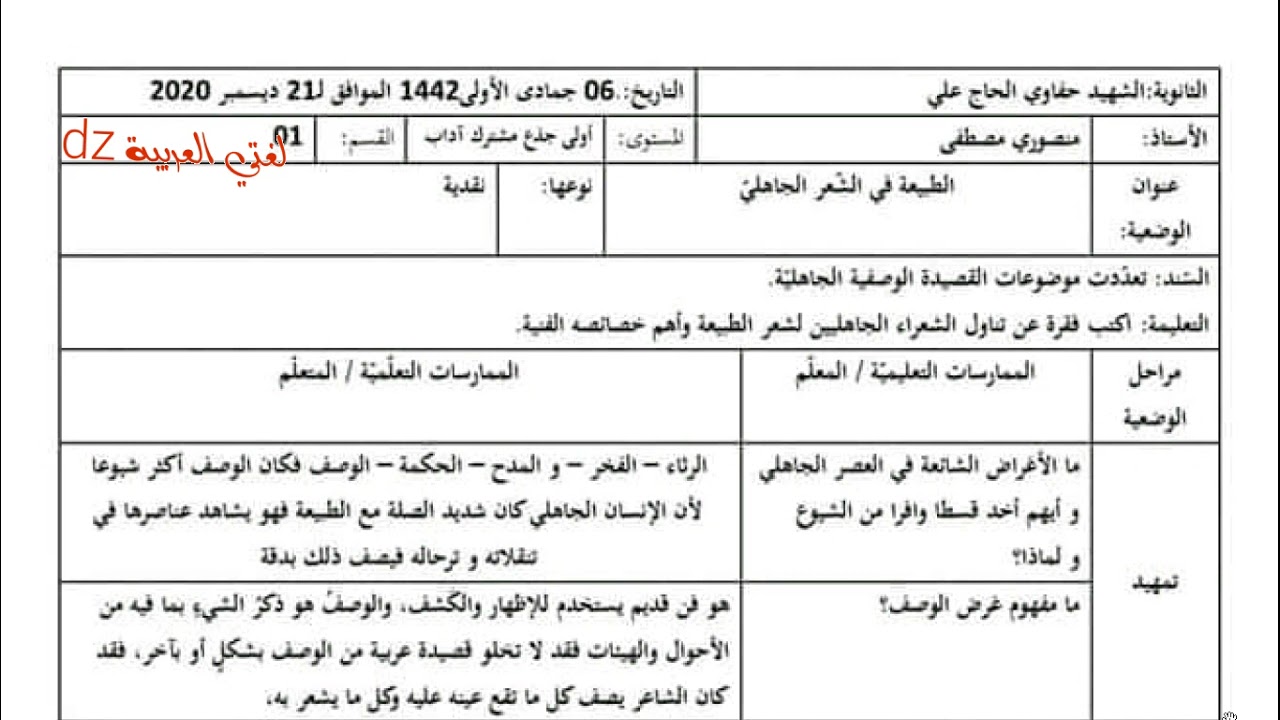اختبار الفصل الأول. الوضعية النقدية .وصف الطبيعة في الشعر الجاهلي. الأولى ثانوي ج م علوم + آداب.