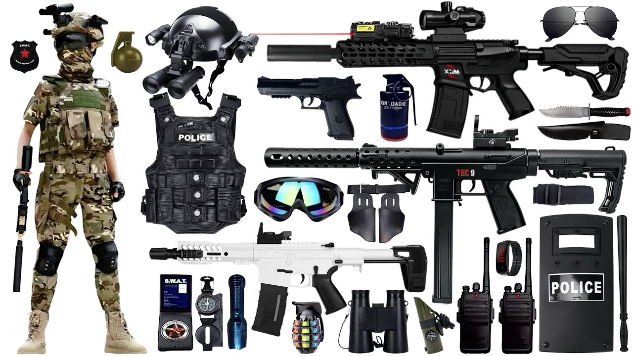 Unboxing special forces weapon toys, SLR, TEC9, RPG, sand eagle pistol, grenade, goggles