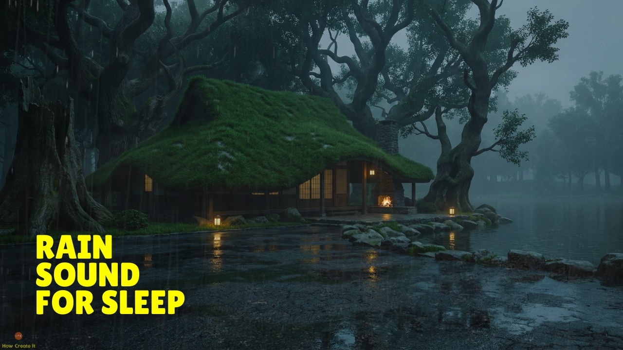 Heavy Rain Sound Falls Over A Quiet Japanese Forest House By The Lake In Misty Night