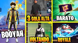 HYPADO, ESTILO TECH, PASSE BARATO, 3 GOLA ALTA, EVENTO BOOYAH, NOVIDADES FREE FIRE. CALENDARIO FF