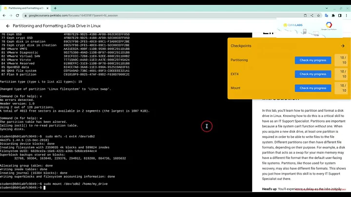 Partitioning and formatting a Disk Drive in Linux  || #new #coursera #quicklabs