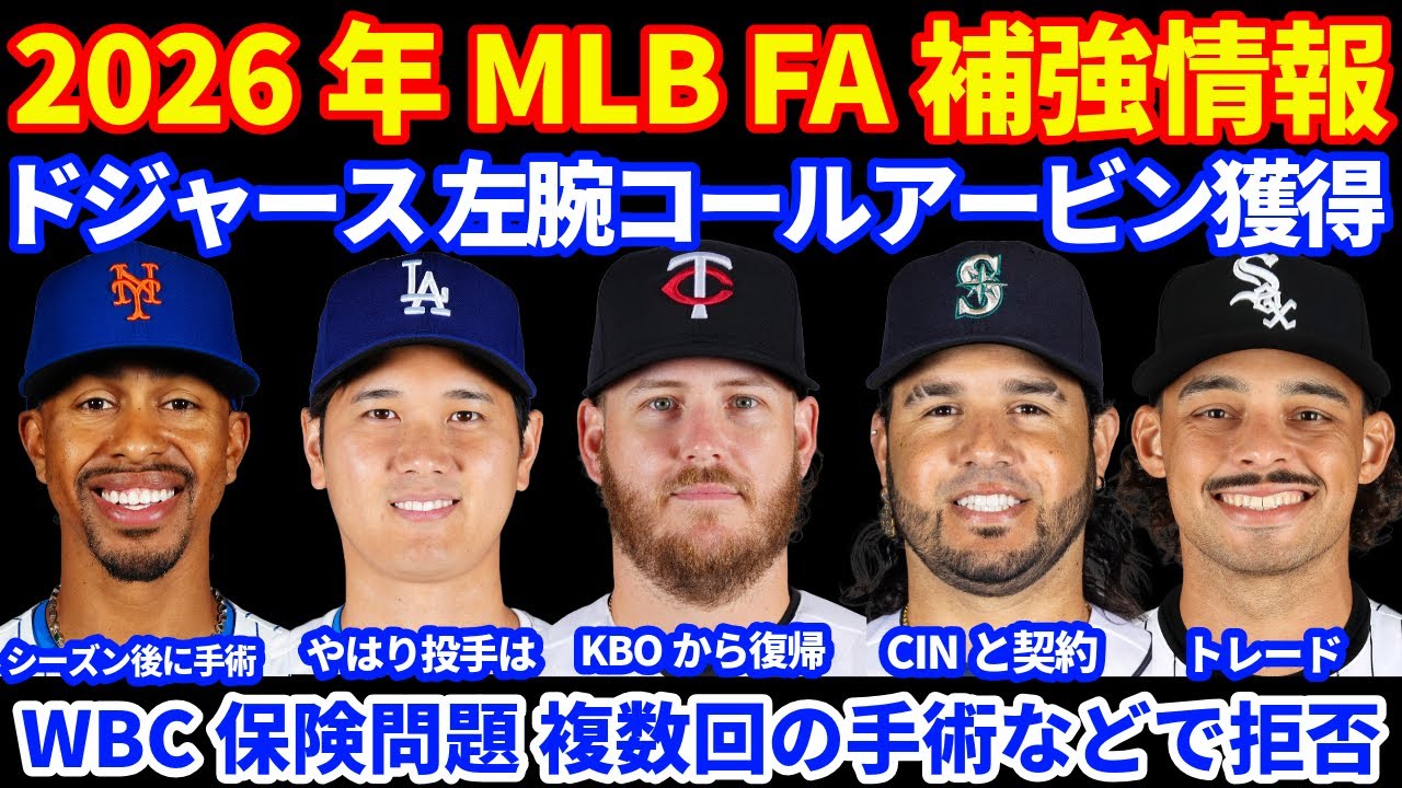 2026年MLB FA補強情報‼️ ドジャース 左腕コール アービンとマイナー契約で層の厚み追加👏 WBC保険問題 ５項目の中に該当で保険拒否⁉️ スアレスがレッズへ1年15M💰 WBCリセール開始🎫