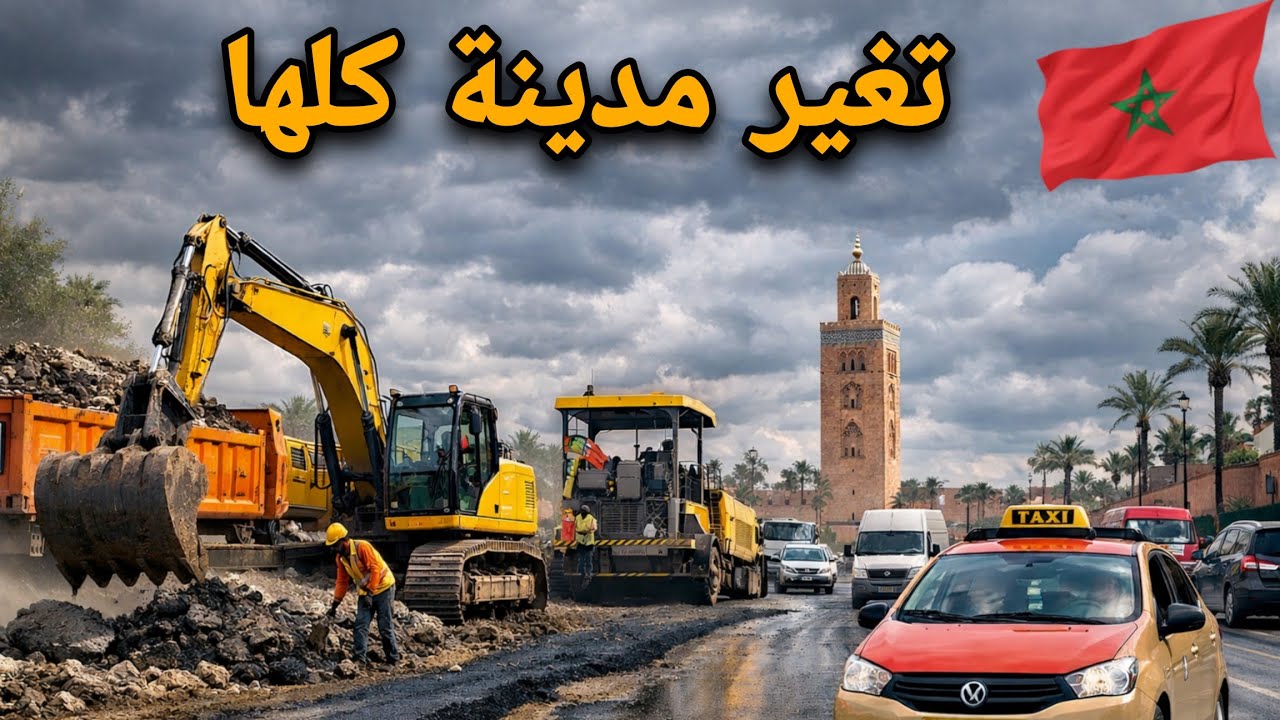 عملية بناء الطرق شوارع مدينة مراكش المدهشة.  تكنولوجيا عملية طرق الاسفلت الجديد 