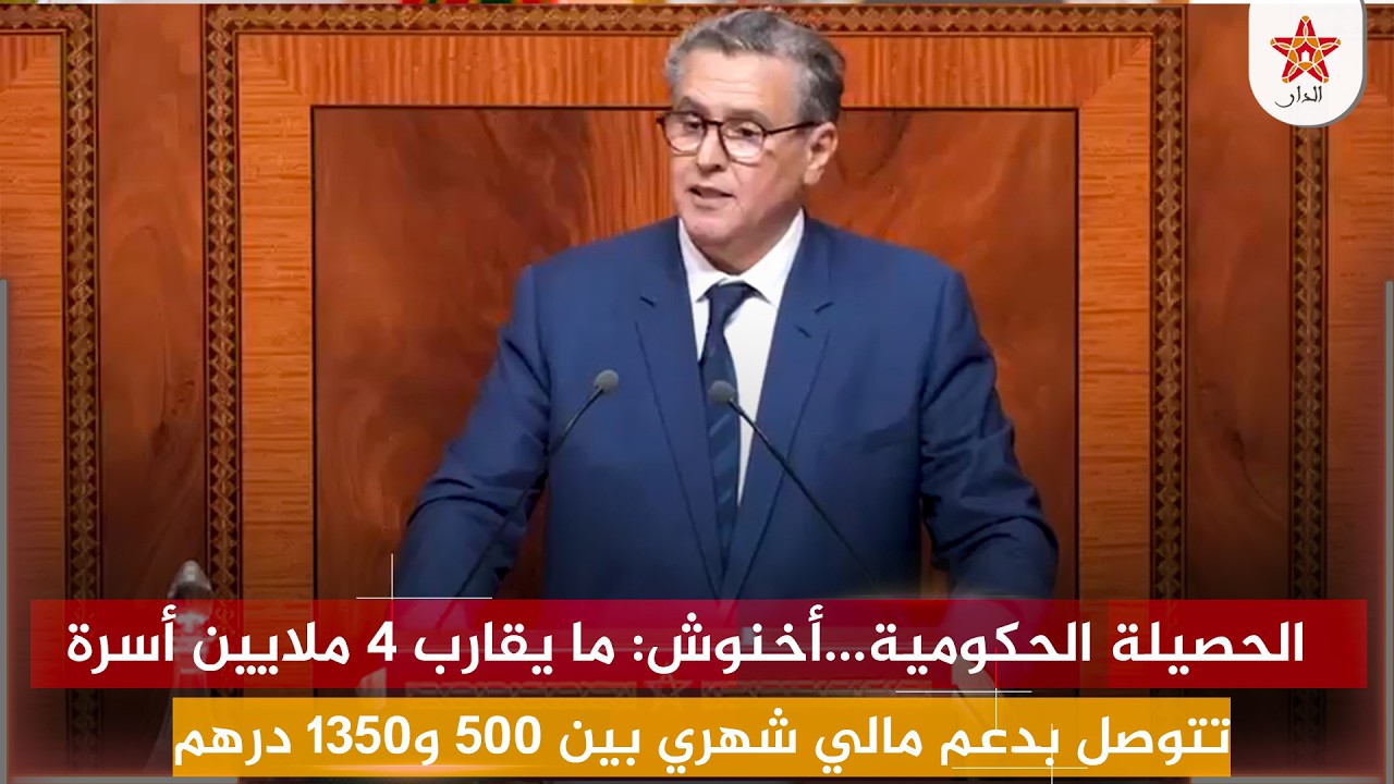 ‏الحصيلة الحكومية...أخنوش: ما يقارب 4 ملايين أسرة تتوصل بدعم مالي ‏شهري بين 500 و1350 درهم