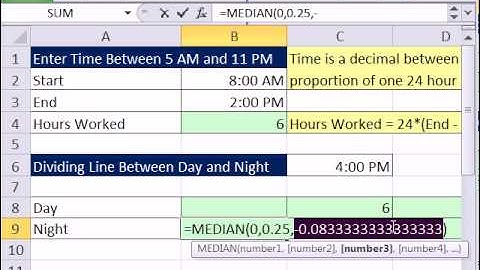 Excel Magic Trick 624: Hours Worked Part Day Shift & Part For Night Shift MEDIAN Function for Hurdle