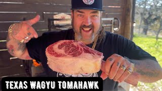 Big Texas Wagyu Tomahawk over the Open fire with Live Oak in the Hill country