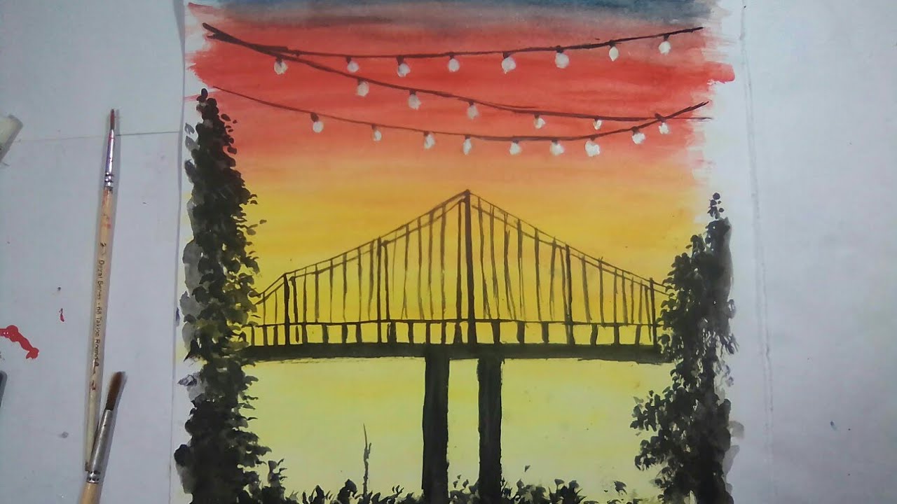 easy sunset landscape painting using watercolor - YouTube