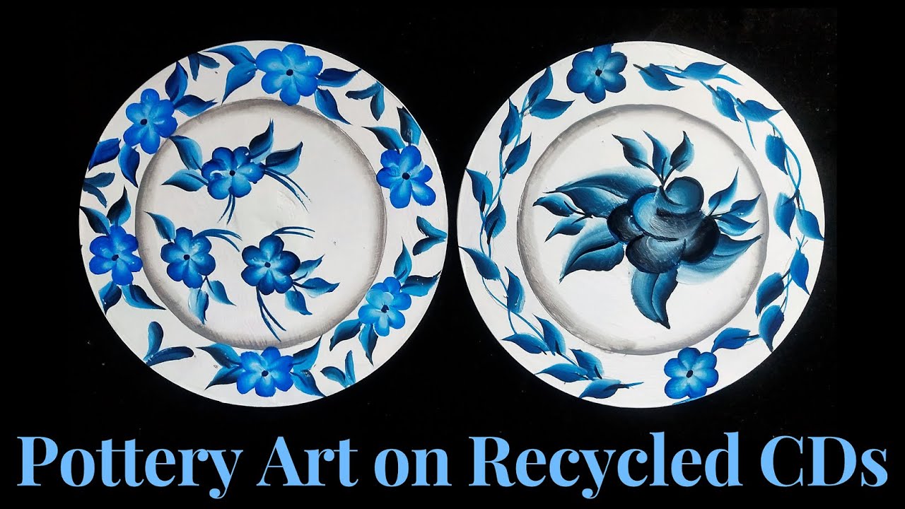 Easy DIY | Hand Painted Blue Pottery Art on Recycled CDs | One Stroke Art Part -1