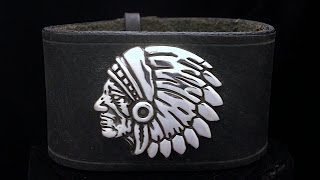 Indian Chief Head Silver on Leather Bracelet 1 3/8 by Paxton Jewelry