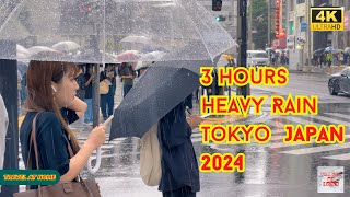 【4k hdr】 Rain Sounds ASMR |  3 Hours Heavy Rain Walk in Tokyo Japan | Relaxing Natural City ambience