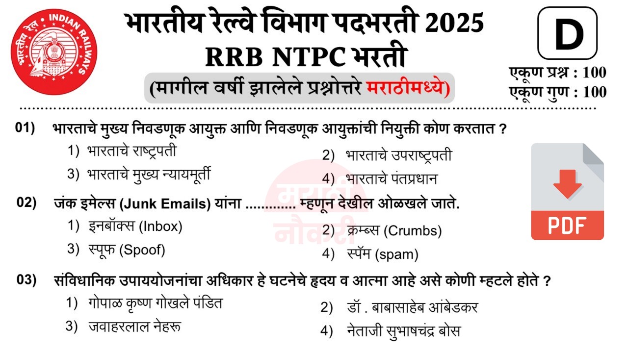 RRB NTPC Marathi Question Papers | रेल्वे भरती NTPC प्रश्नपत्रिका | Railway Previous Question Paper