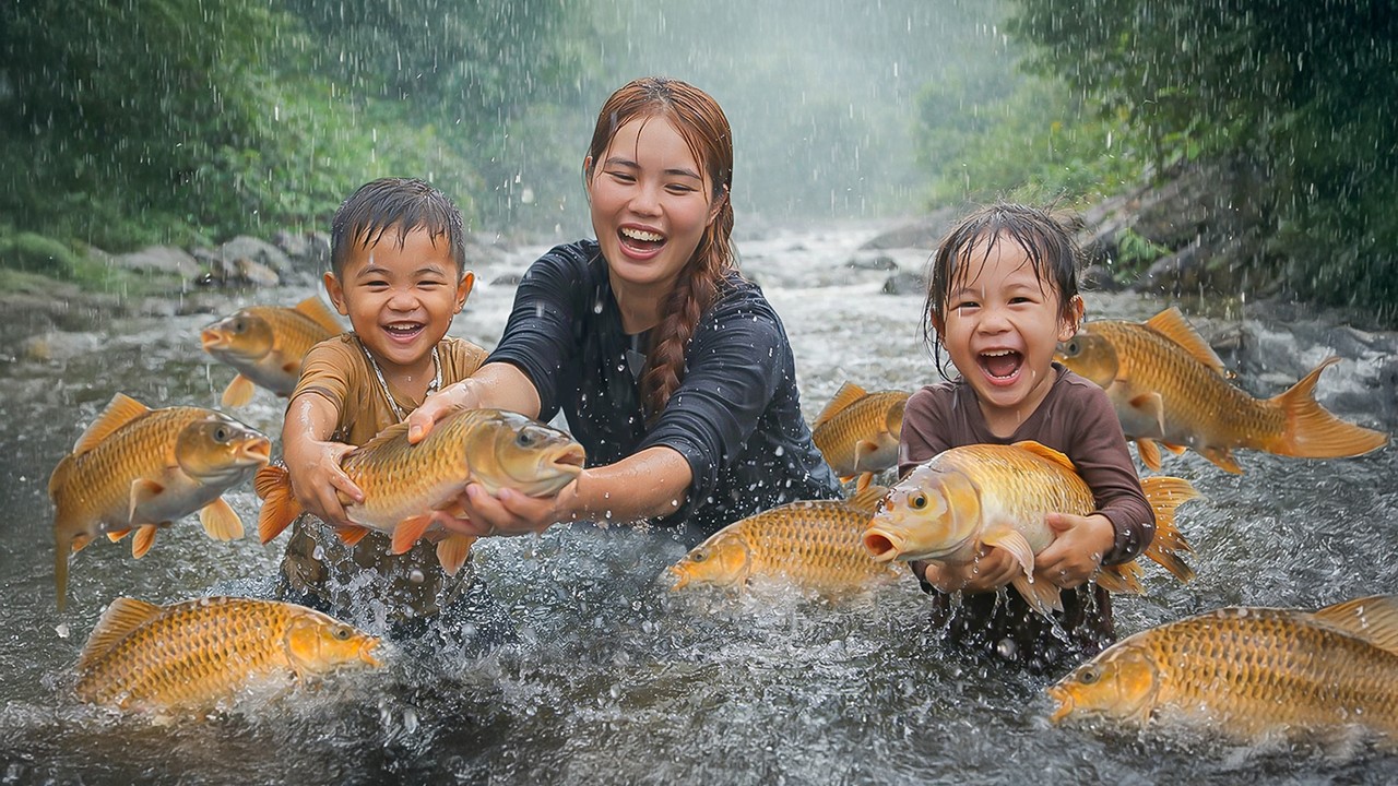 Fishing in Heavy Rain— Bumper Harvest of Giant Stream Fish of Chuc Duong Family | Village Life